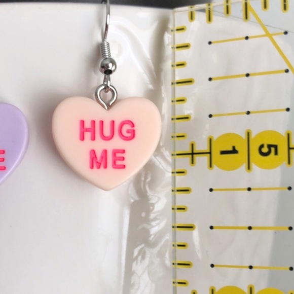 New Conversation Hearts Dangle Drop Earrings Handmade Party Purple Candy Fun - Picture 4 of 7